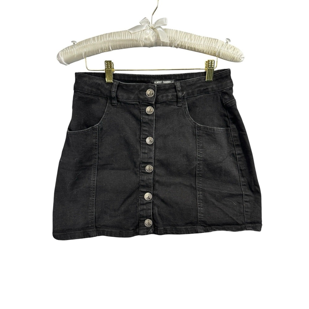 Almost Famous Black Denim Mini Skirt Womens 11 High Rise Button Front Stretch